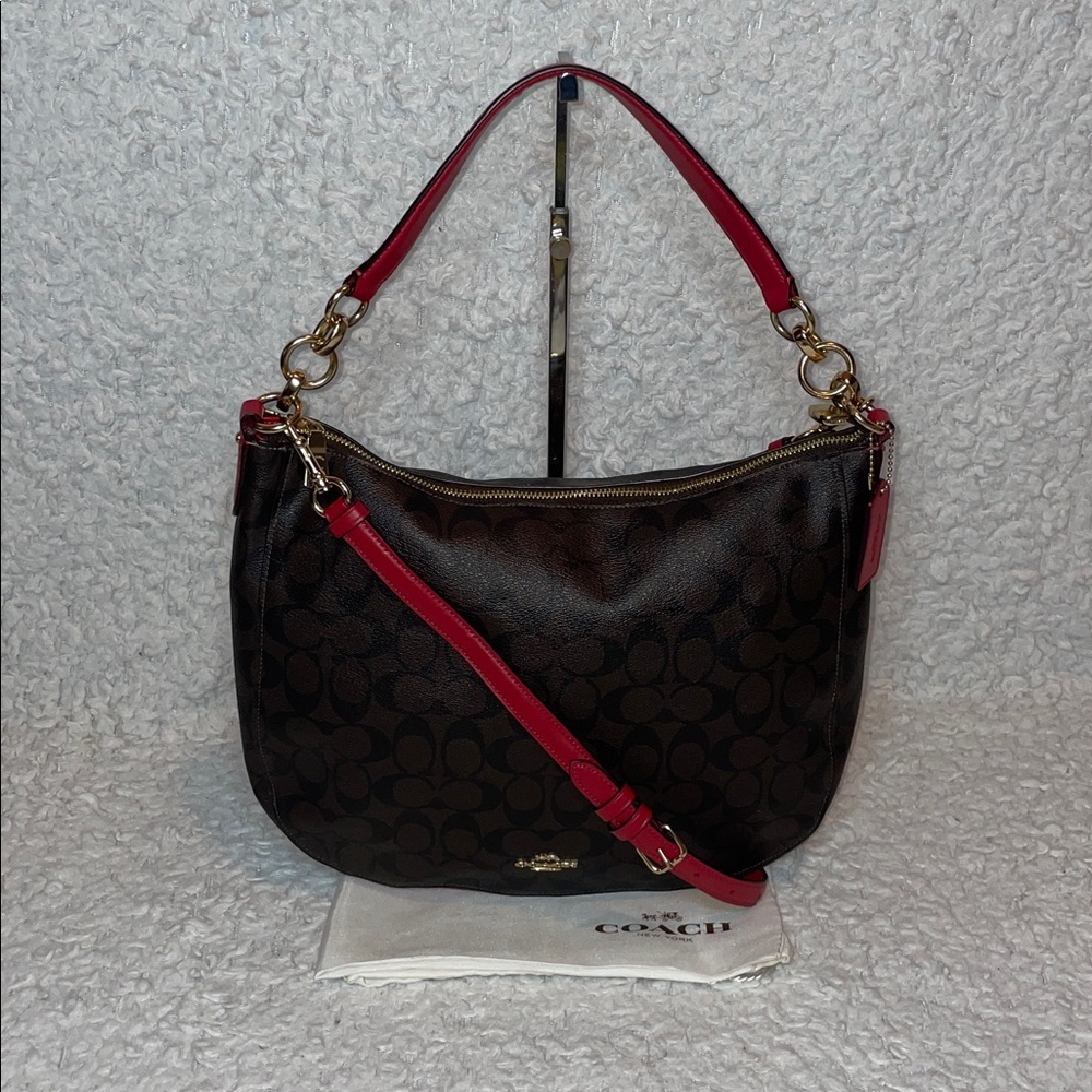 Coach Signature Cavas Elle Hobo Bag and Wallet Set in Brown w Red Leather Trim - Picture 3 of 17